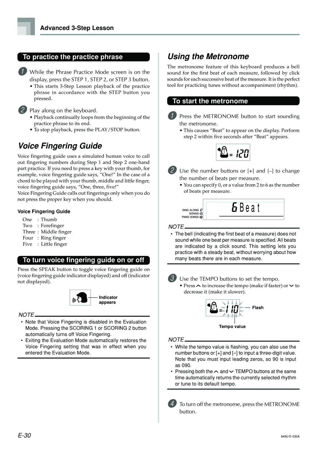 Radio Shack LK-1500 Voice Fingering Guide, Using the Metronome, To practice the practice phrase, To start the metronome 