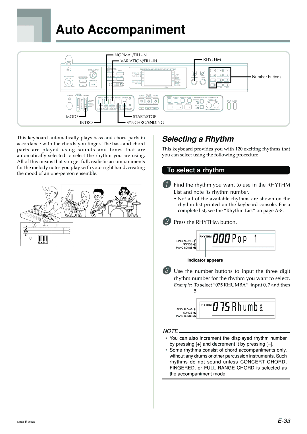 Radio Shack LK-1500 owner manual Auto Accompaniment, Selecting a Rhythm, To select a rhythm, Press the Rhythm button 