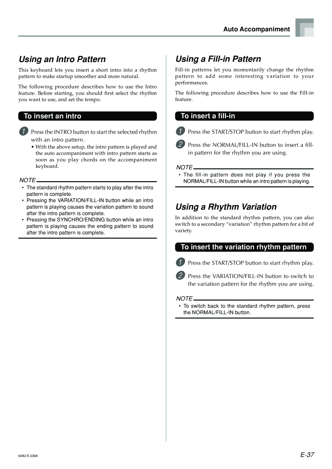 Radio Shack LK-1500 owner manual Using an Intro Pattern, Using a Fill-in Pattern, Using a Rhythm Variation 