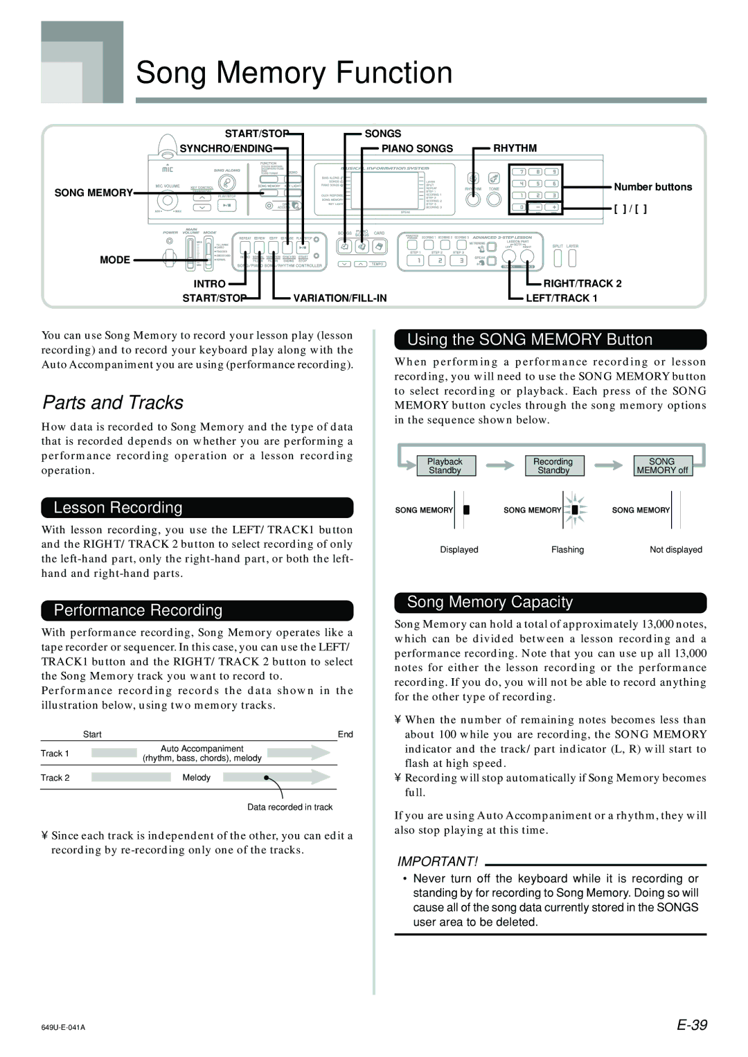 Radio Shack LK-1500 owner manual Song Memory Function, Parts and Tracks 