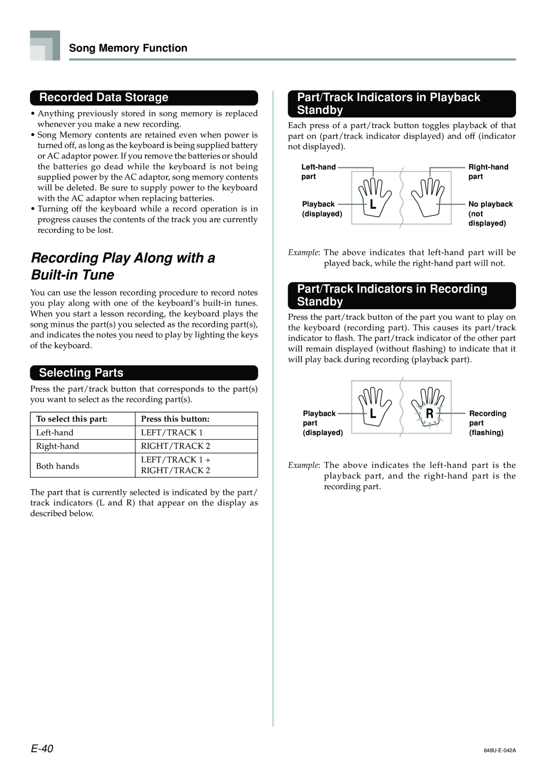 Radio Shack LK-1500 owner manual Recording Play Along with a Built-in Tune, Recorded Data Storage, Selecting Parts 