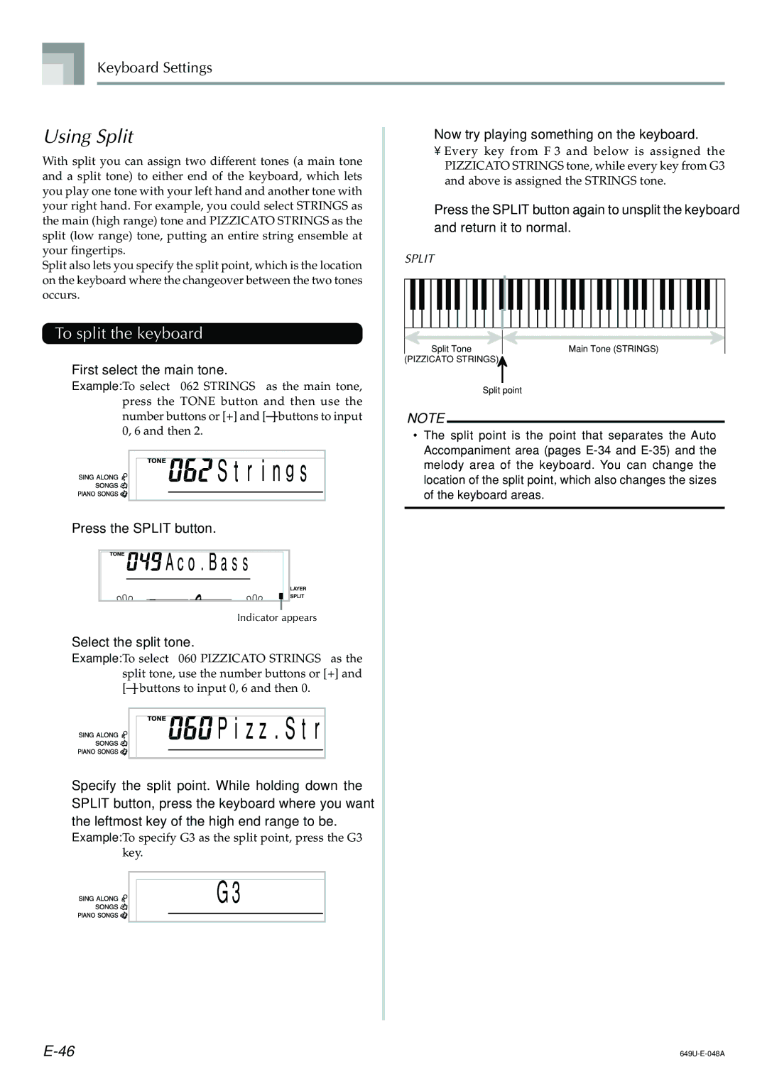 Radio Shack LK-1500 owner manual R i n g s, Z z . S t r, Using Split, To split the keyboard, Keyboard Settings 