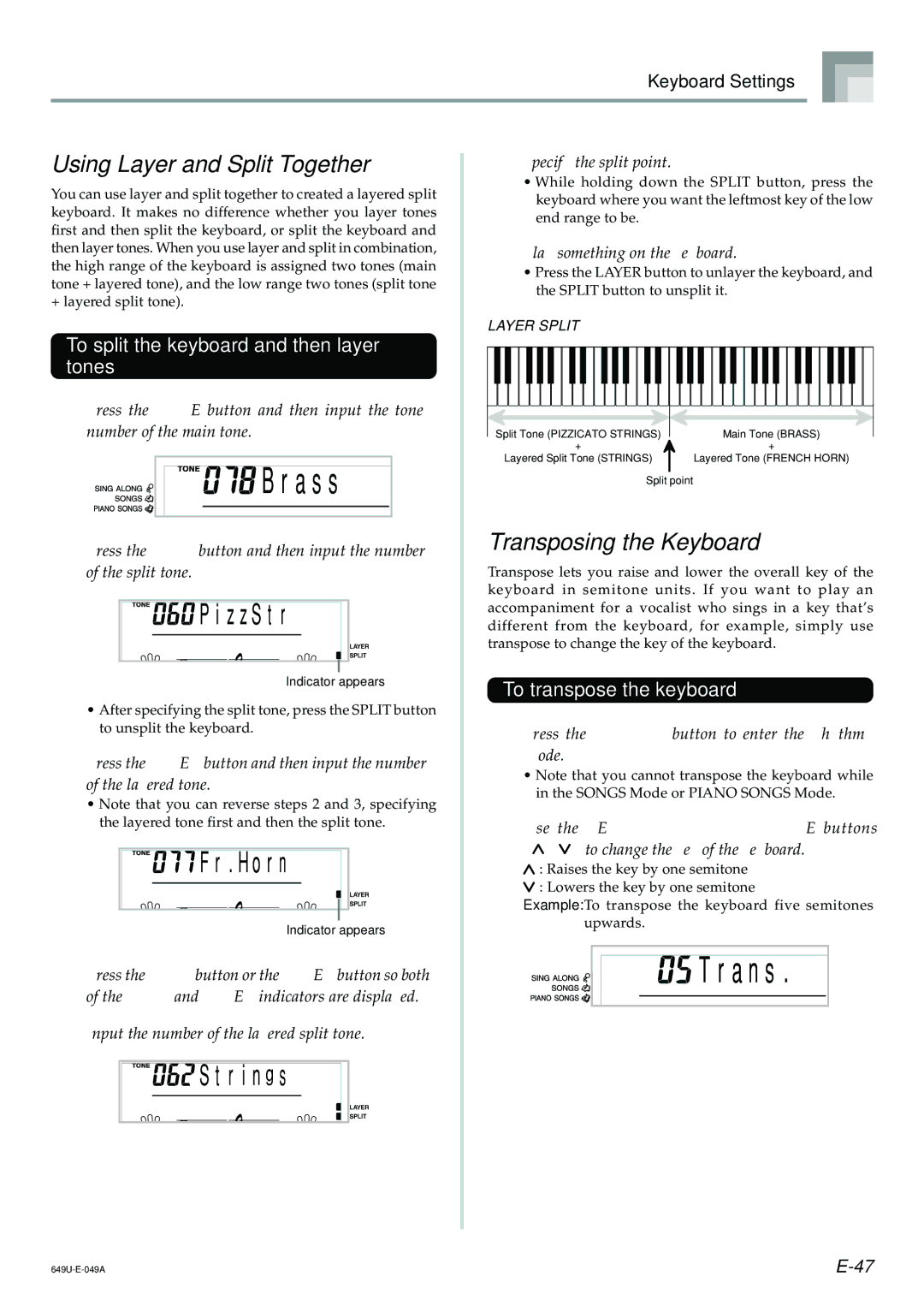 Radio Shack LK-1500 owner manual A n s, Using Layer and Split Together, Transposing the Keyboard, To transpose the keyboard 