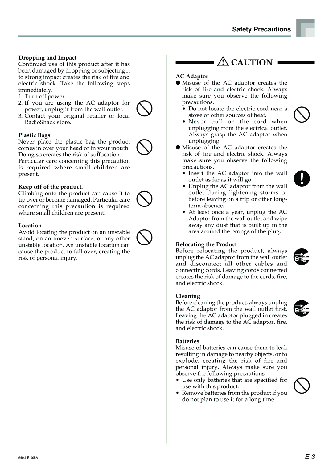 Radio Shack LK-1500 owner manual Dropping and Impact 