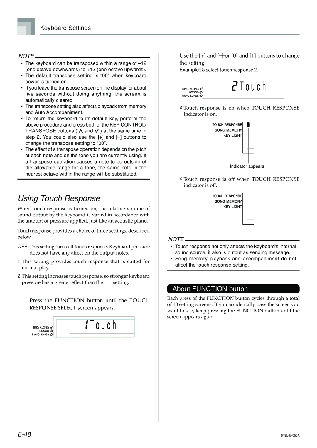 Radio Shack LK-1500 owner manual U c h, Using Touch Response, About Function button 