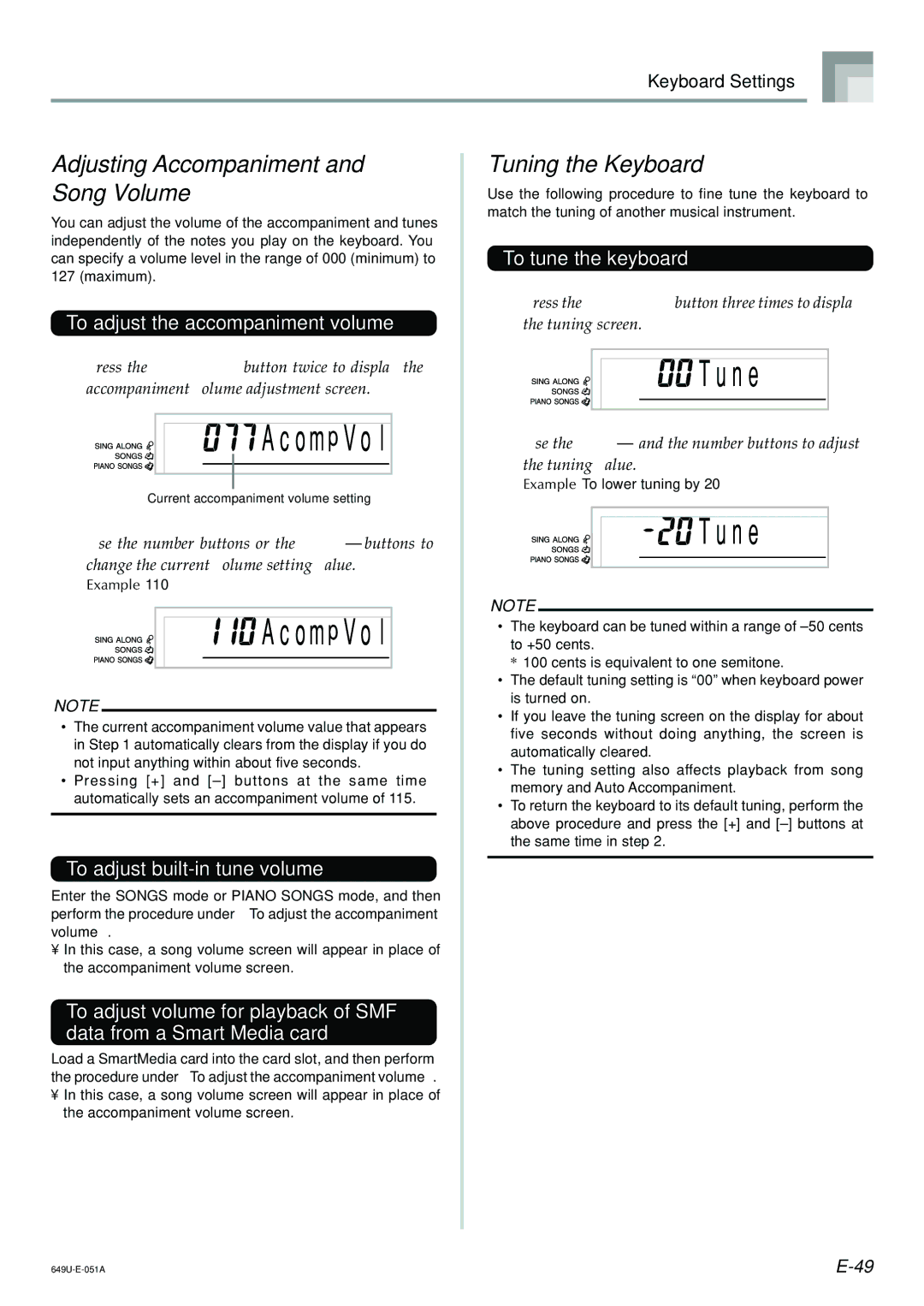 Radio Shack LK-1500 owner manual N e, Adjusting Accompaniment and Song Volume, Tuning the Keyboard 