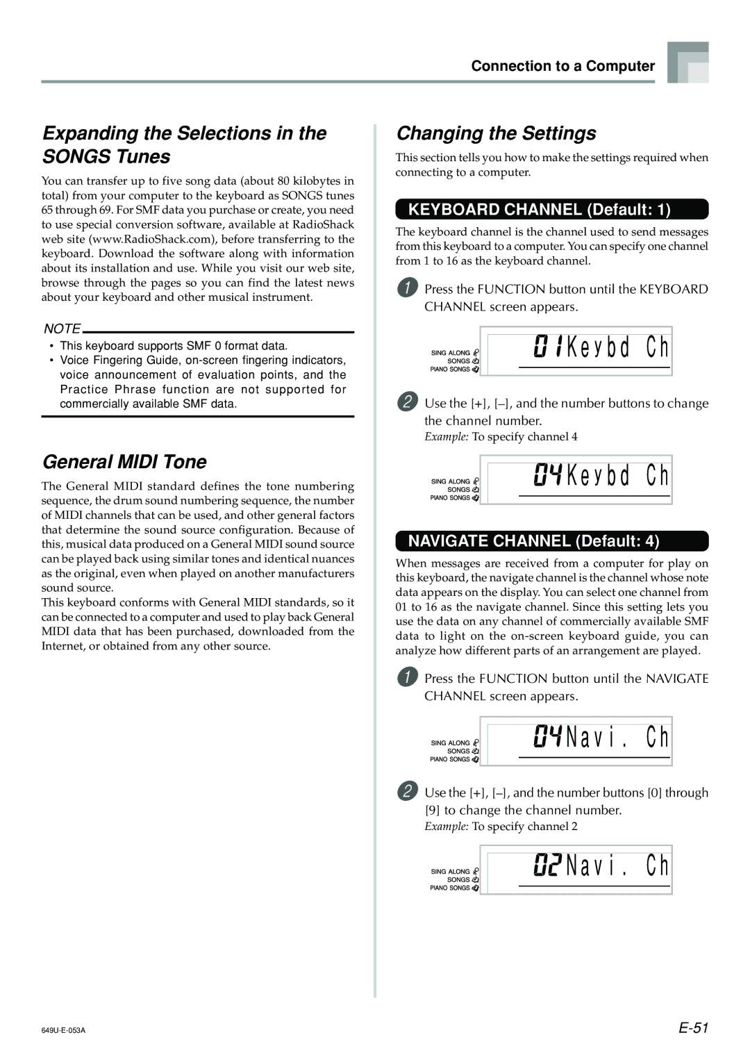 Radio Shack LK-1500 owner manual Y b d C h, V i . C h, Expanding the Selections in the Songs Tunes, General Midi Tone 