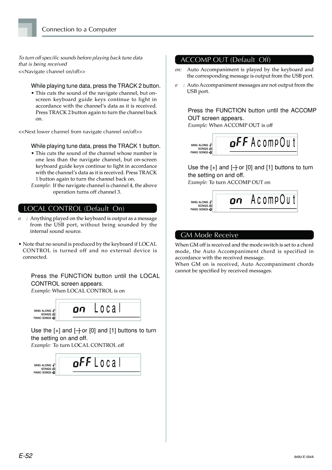 Radio Shack LK-1500 owner manual C a l, Accomp OUT Default Off, Local Control Default On, GM Mode Receive 