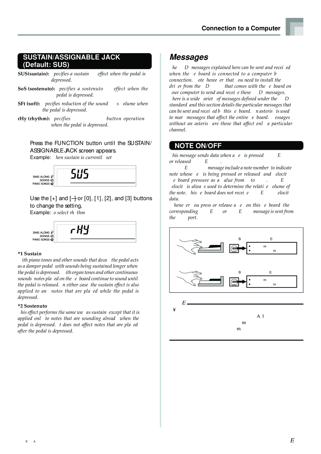 Radio Shack LK-1500 owner manual C k, Messages, SUSTAIN/ASSIGNABLE Jack Default SUS, Sustain, Sostenuto 