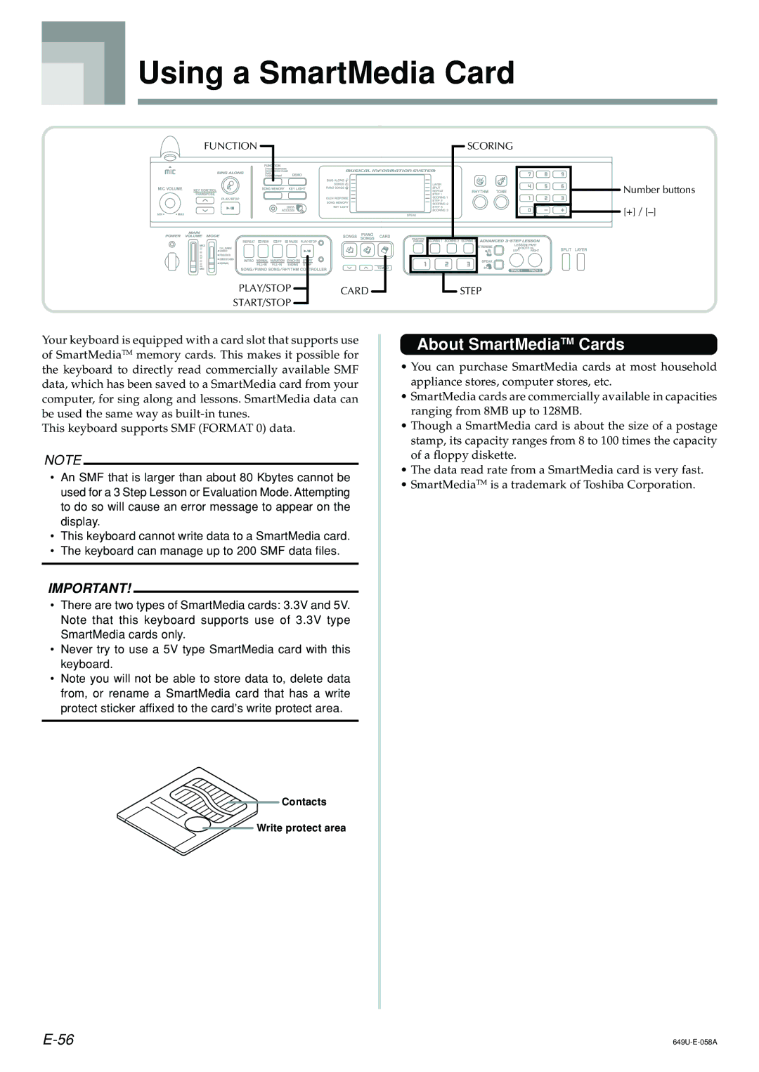 Radio Shack LK-1500 owner manual Using a SmartMedia Card, About SmartMediaTM Cards 