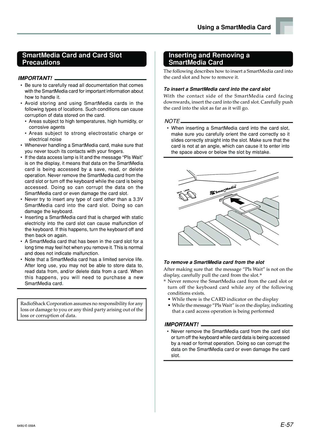 Radio Shack LK-1500 owner manual SmartMedia Card and Card Slot Precautions, Inserting and Removing a SmartMedia Card 