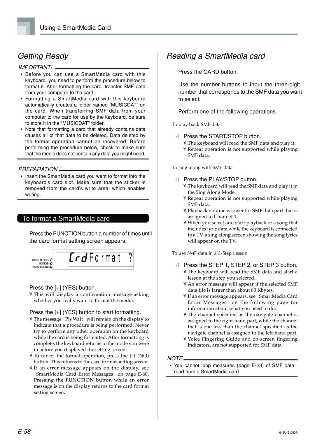 Radio Shack LK-1500 owner manual R m a t ?, Getting Ready, Reading a SmartMedia card, To format a SmartMedia card 