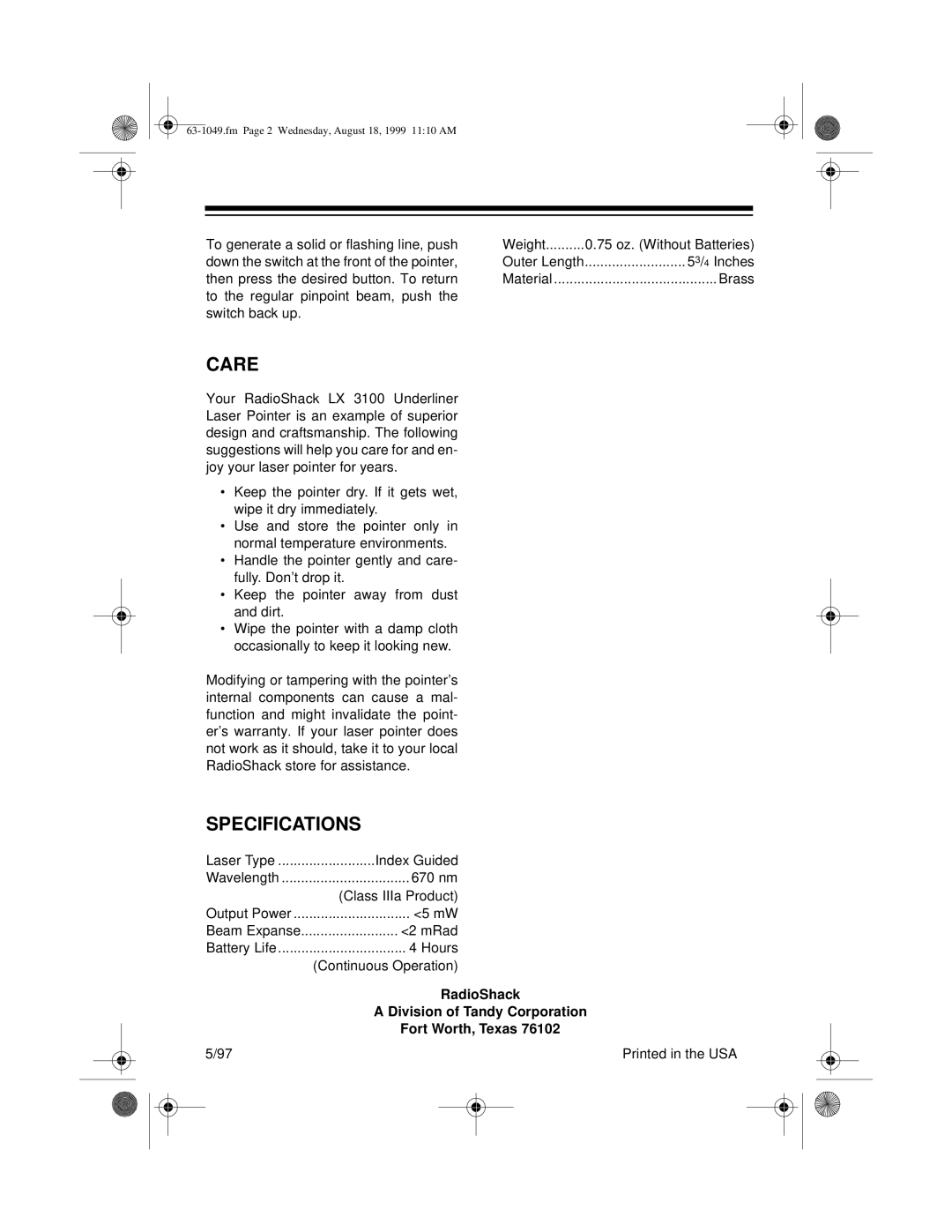 Radio Shack LX-3100 manual Care, Specifications, RadioShack, Division of Tandy Corporation, Fort Worth, Texas 