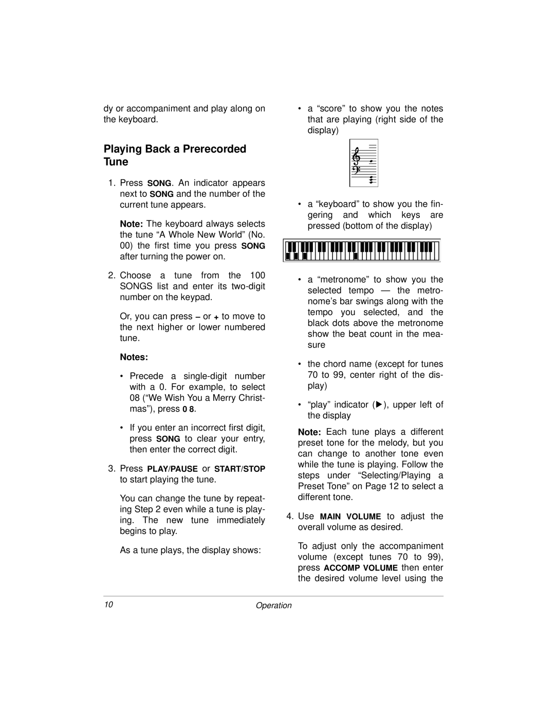 Radio Shack MD-1160 owner manual Playing Back a Prerecorded Tune, Press PLAY/PAUSE or START/STOP to start playing the tune 