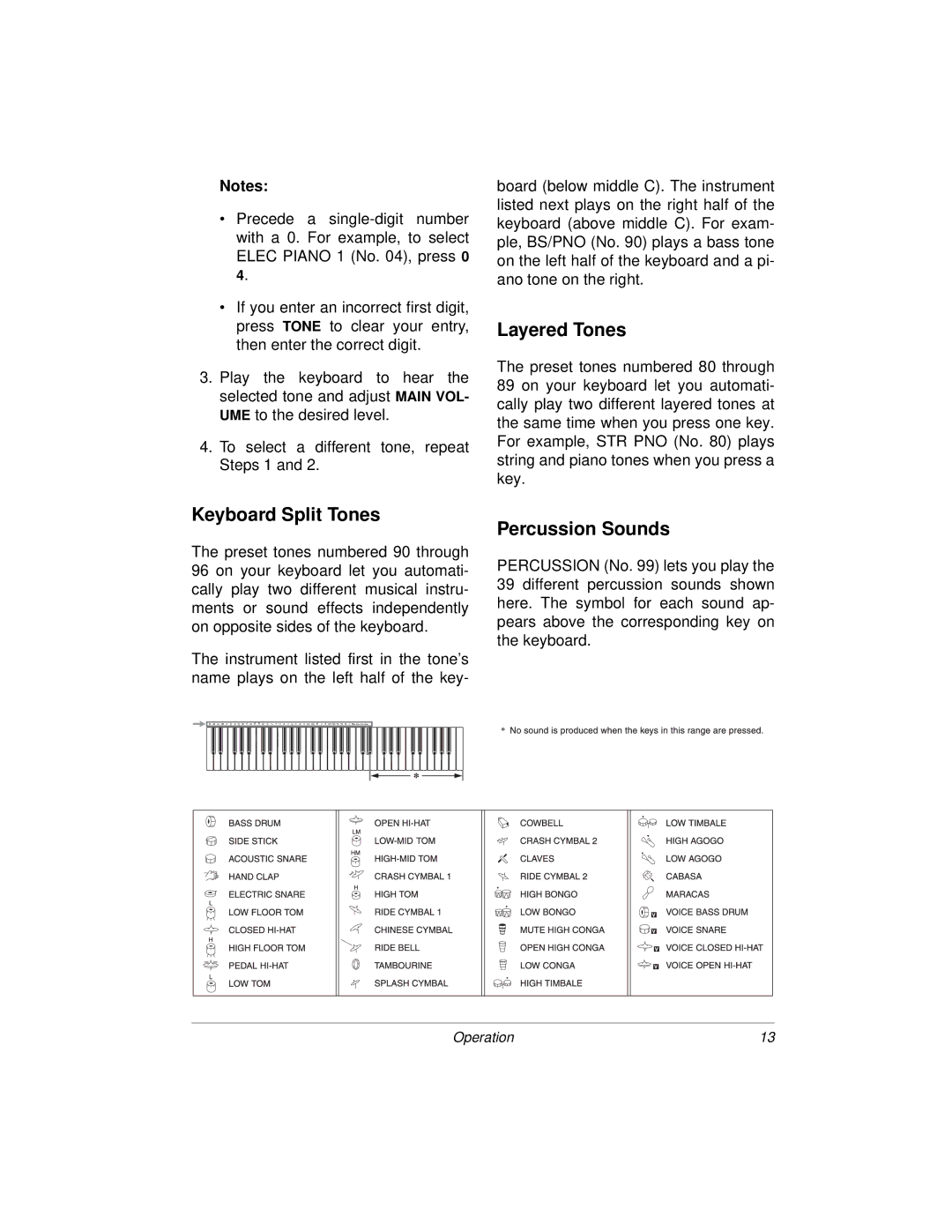 Radio Shack MD-1160 owner manual Layered Tones, Keyboard Split Tones, Percussion Sounds 