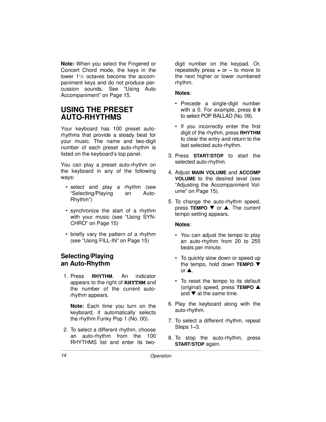 Radio Shack MD-1160 owner manual Using the Preset AUTO-RHYTHMS, Selecting/Playing An Auto-Rhythm, START/STOP again 