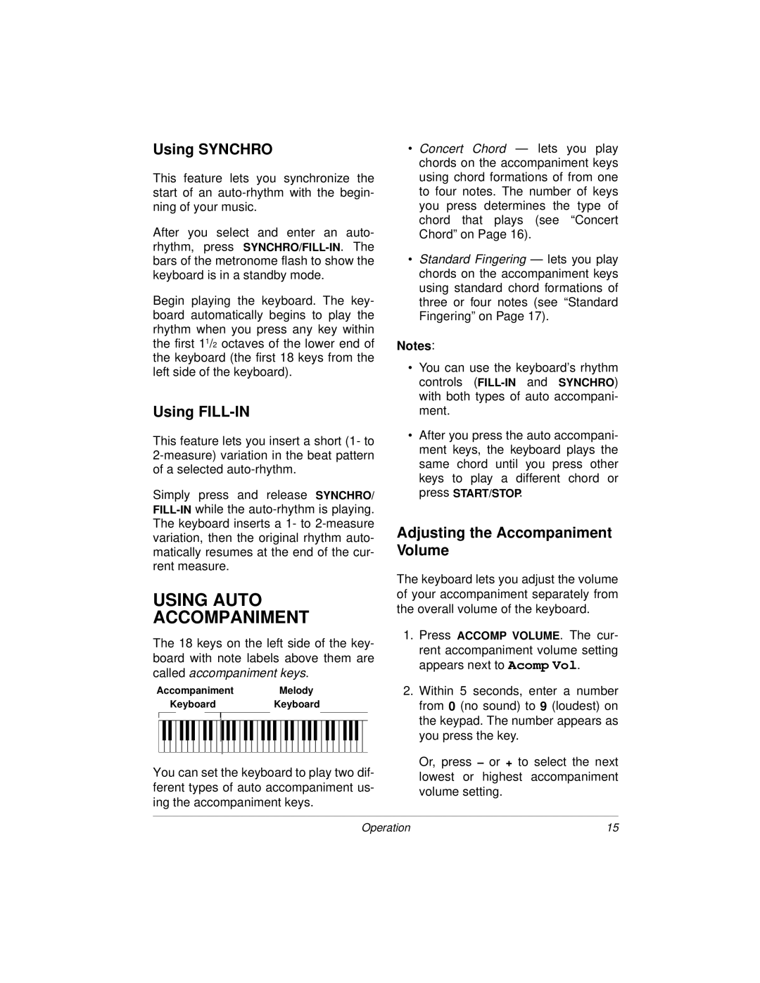 Radio Shack MD-1160 owner manual Using Auto Accompaniment, Using Synchro, Using FILL-IN, Adjusting the Accompaniment Volume 