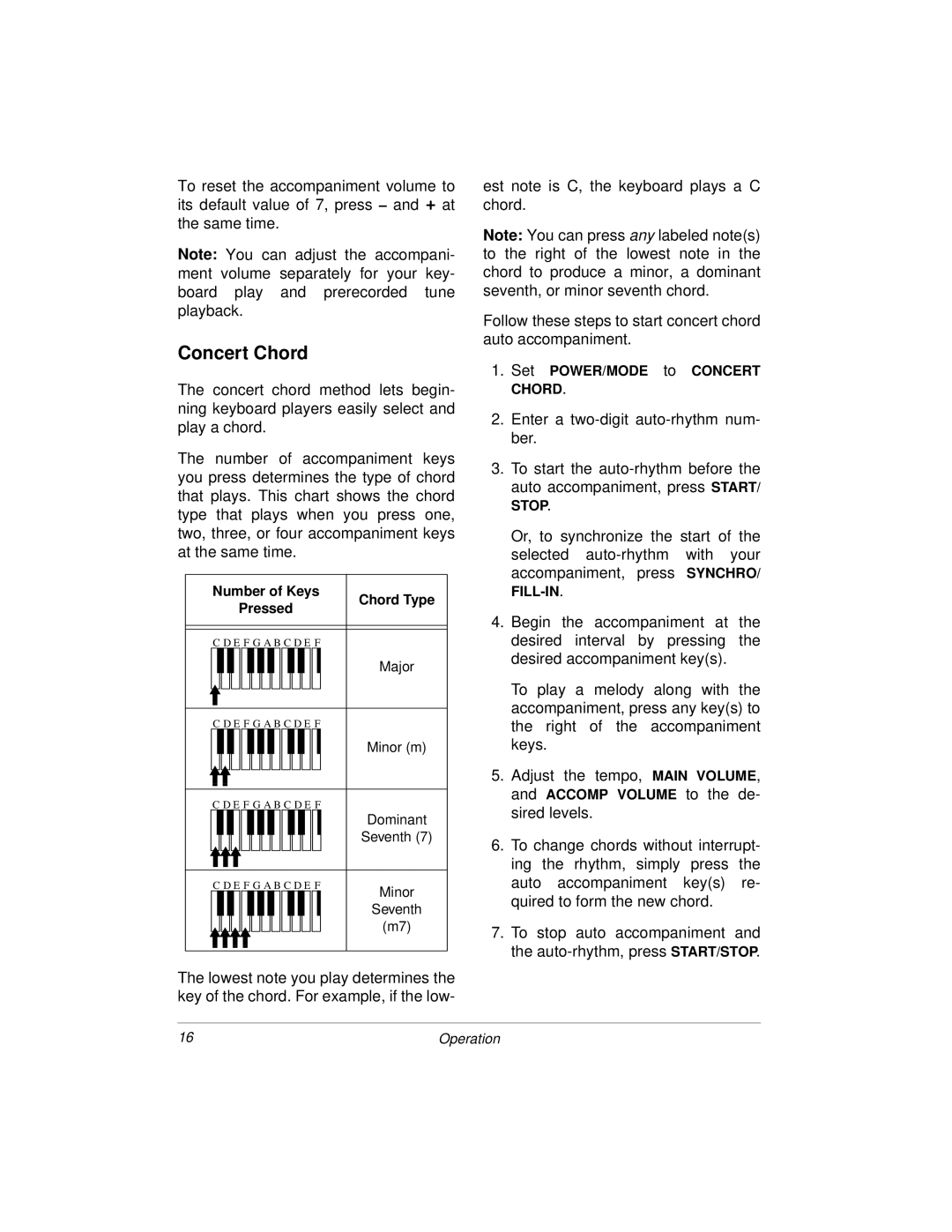 Radio Shack MD-1160 owner manual Number of Keys Chord Type Pressed, Set POWER/MODE to Concert Chord 