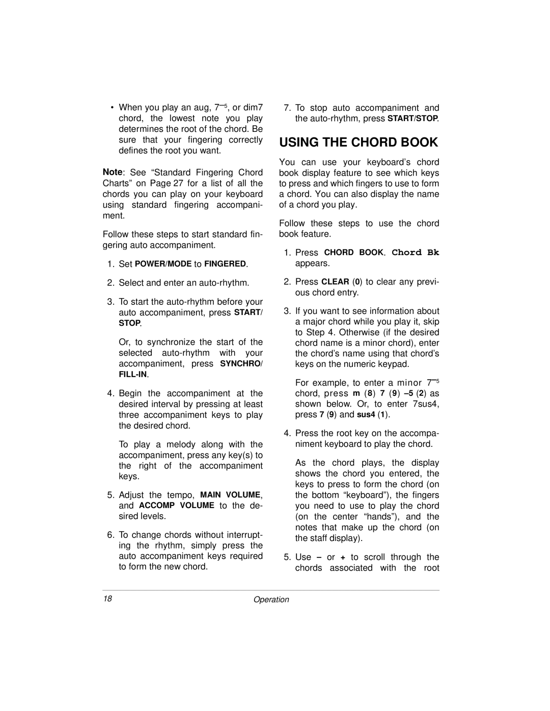 Radio Shack MD-1160 owner manual Using the Chord Book, Set POWER/MODE to Fingered, Press Chord BOOK. Chord Bk appears 