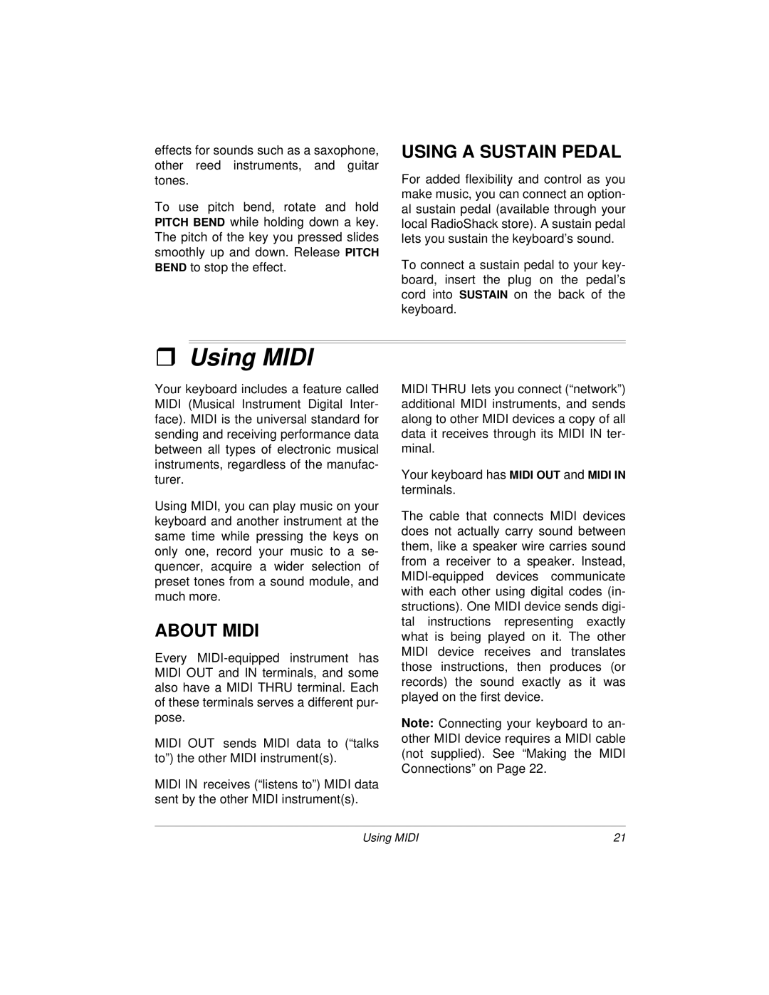 Radio Shack MD-1160 owner manual ˆ Using Midi, Using a Sustain Pedal, About Midi 