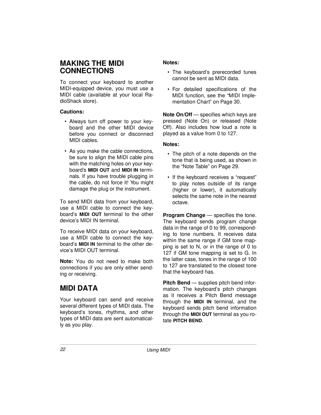 Radio Shack MD-1160 owner manual Making the Midi Connections, Midi Data 