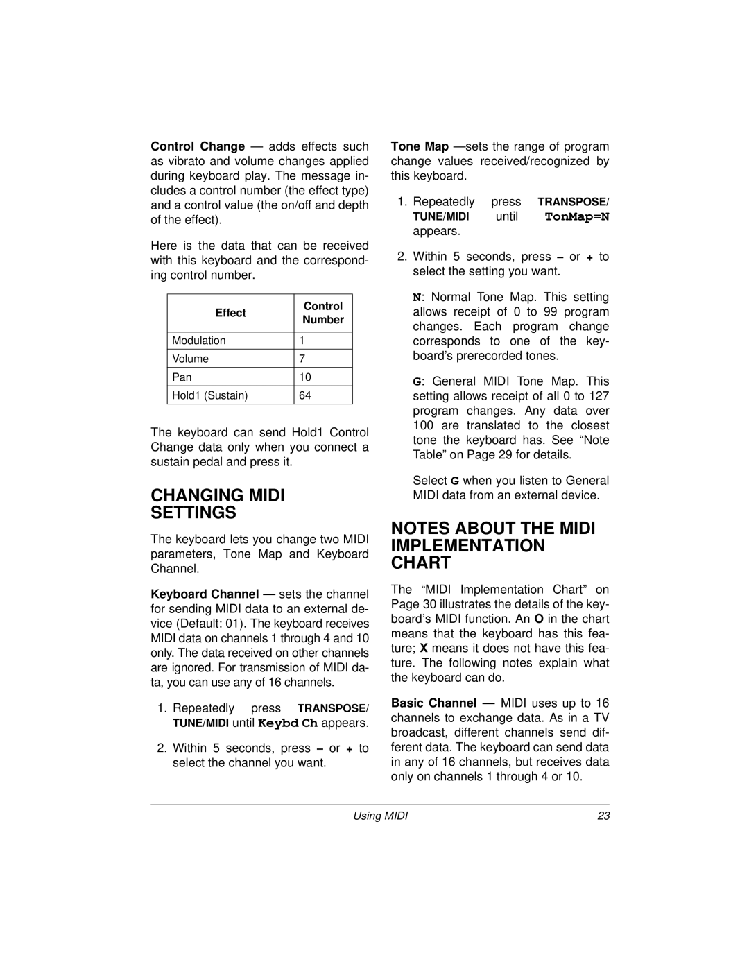 Radio Shack MD-1160 owner manual Changing Midi Settings, Effect Control Number, TUNE/MIDI until TonMap=N appears 