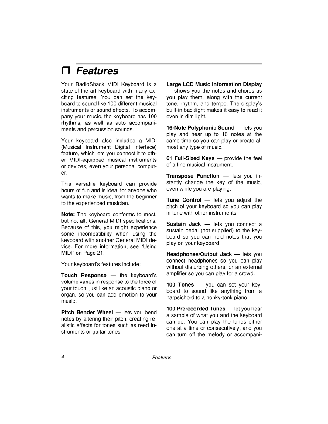 Radio Shack MD-1160 owner manual ˆ Features 