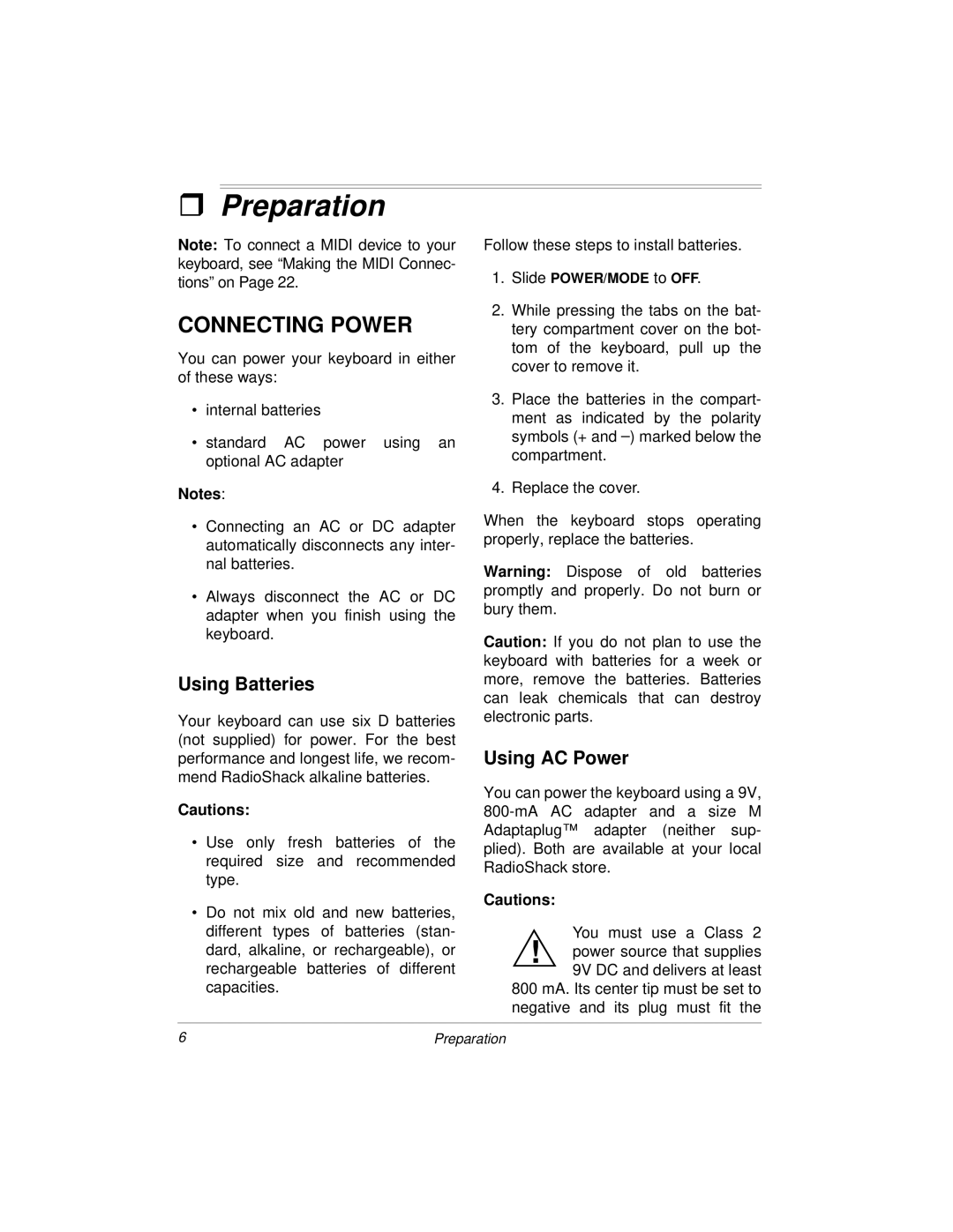 Radio Shack MD-1160 owner manual ˆ Preparation, Connecting Power, Using Batteries, Using AC Power, Slide POWER/MODE to OFF 