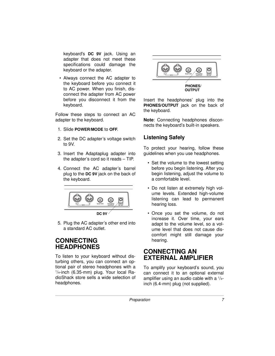 Radio Shack MD-1160 owner manual Connecting Headphones, Connecting AN External Amplifier, Listening Safely 