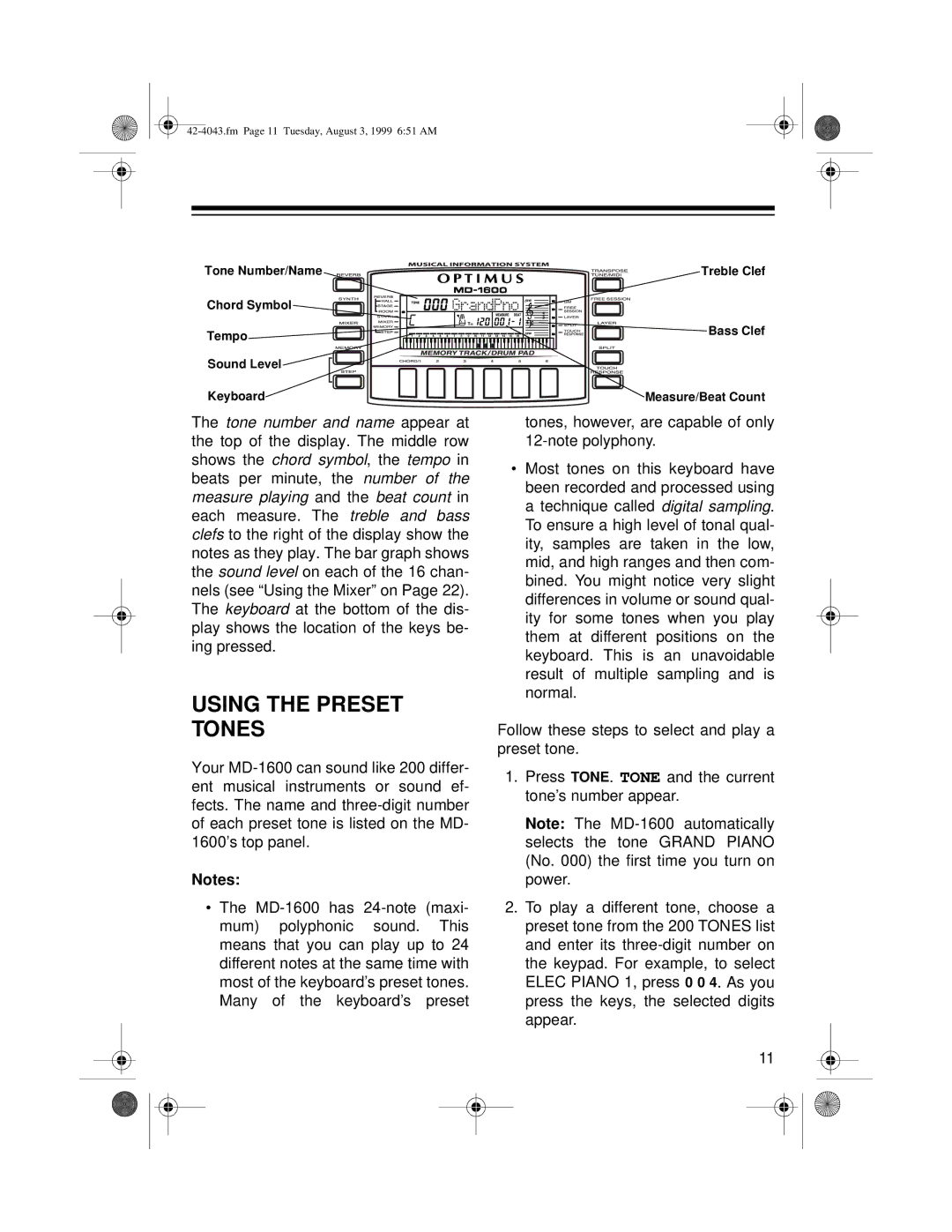 Radio Shack MD-1600 owner manual Using the Preset Tones 