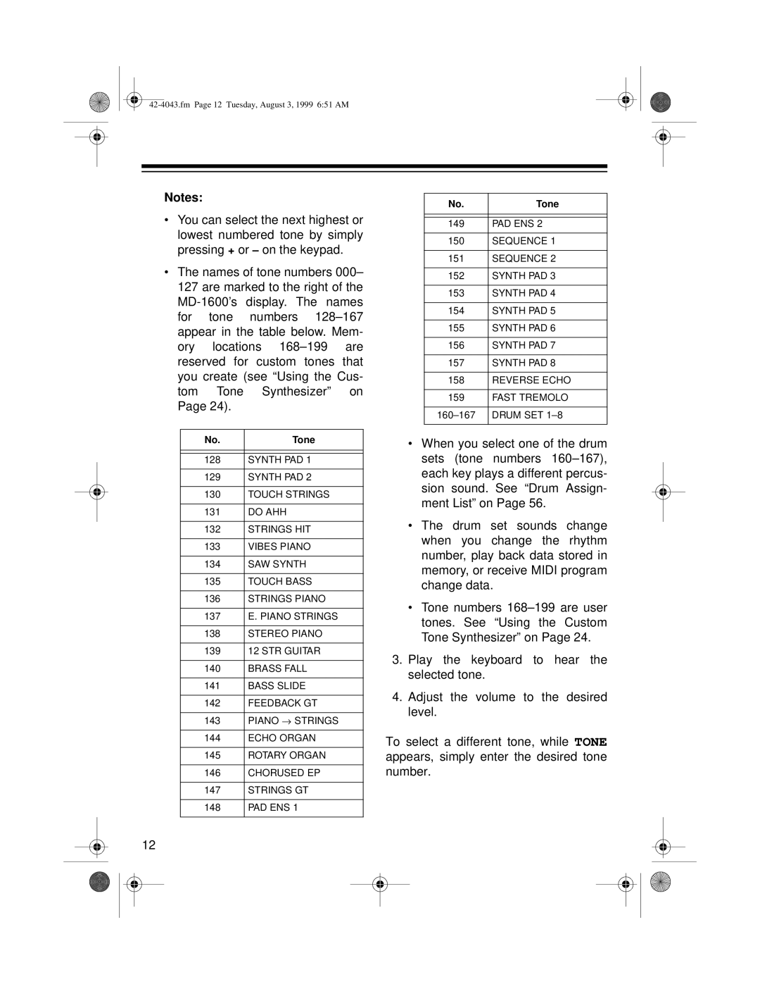 Radio Shack MD-1600 owner manual Tone 