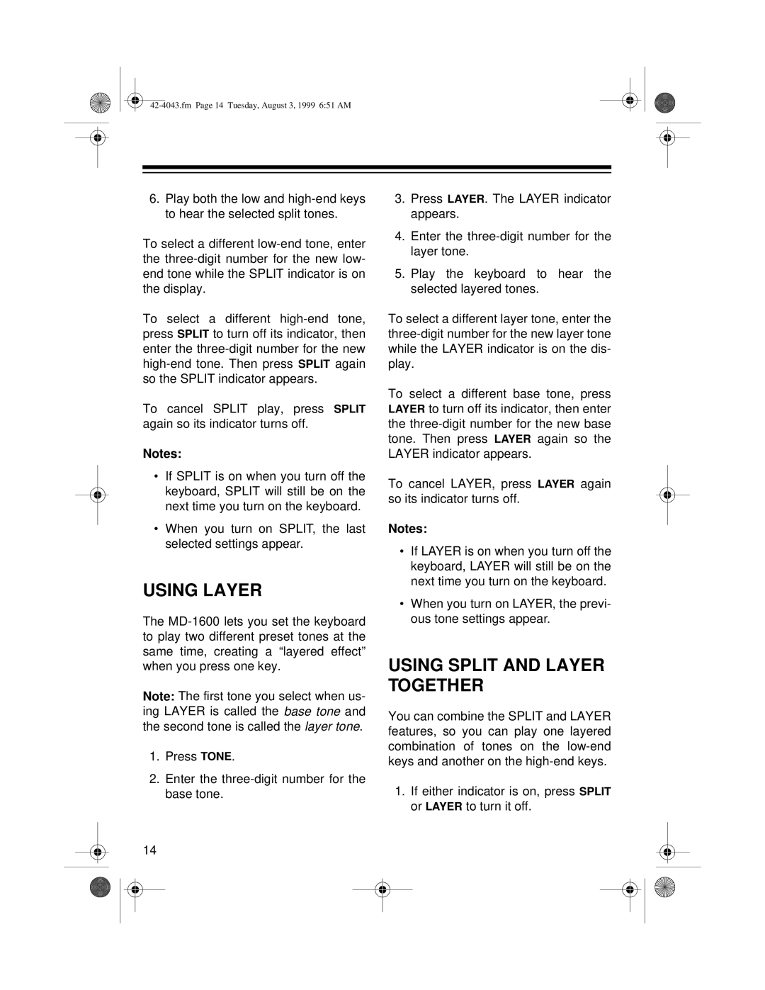 Radio Shack MD-1600 owner manual Using Layer, Using Split and Layer Together 