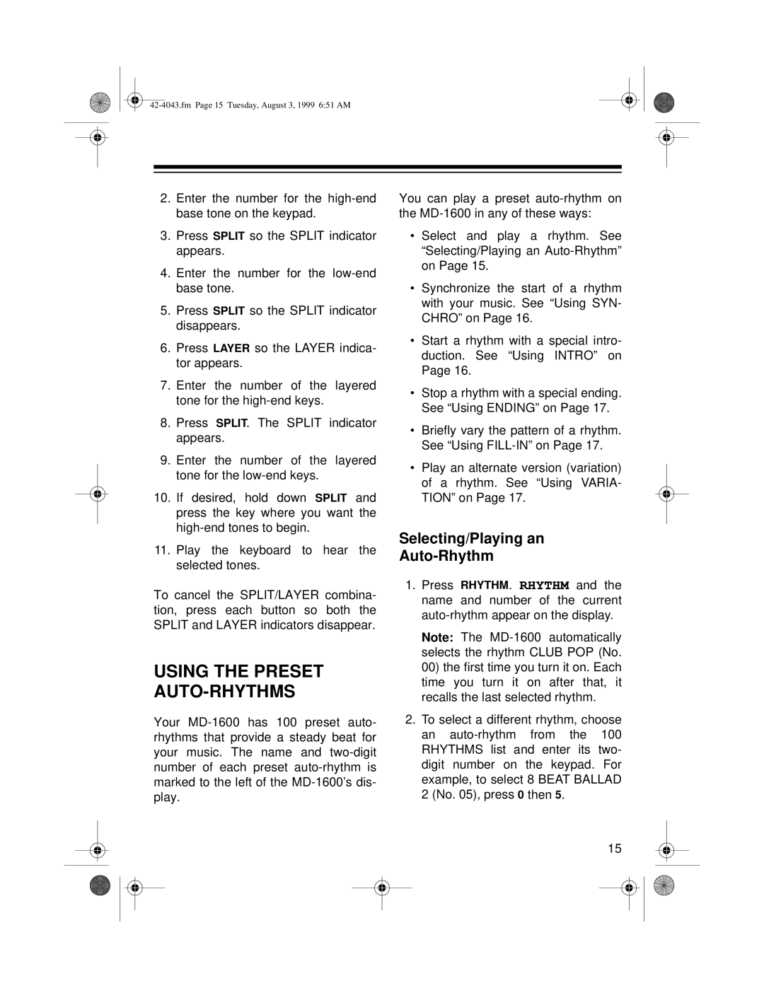 Radio Shack MD-1600 owner manual Using the Preset AUTO-RHYTHMS, Selecting/Playing an Auto-Rhythm 