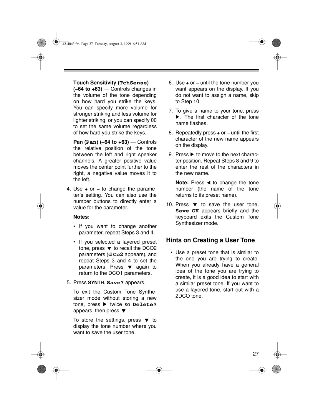 Radio Shack MD-1600 owner manual Hints on Creating a User Tone 