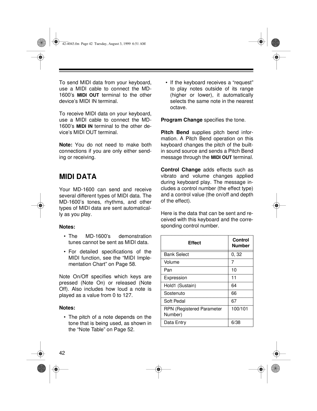 Radio Shack MD-1600 owner manual Midi Data, Effect Control Number 