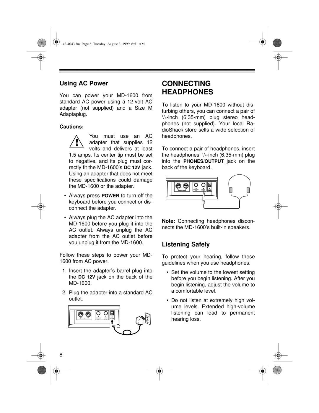 Radio Shack MD-1600 owner manual Connecting Headphones, Using AC Power, Listening Safely 