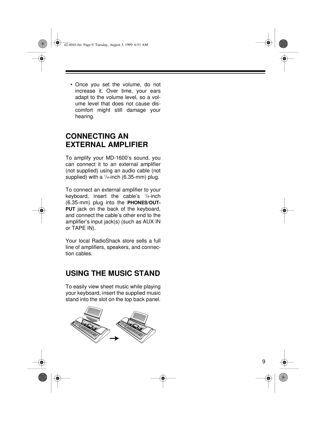 Radio Shack MD-1600 owner manual Connecting AN External Amplifier, Using the Music Stand 