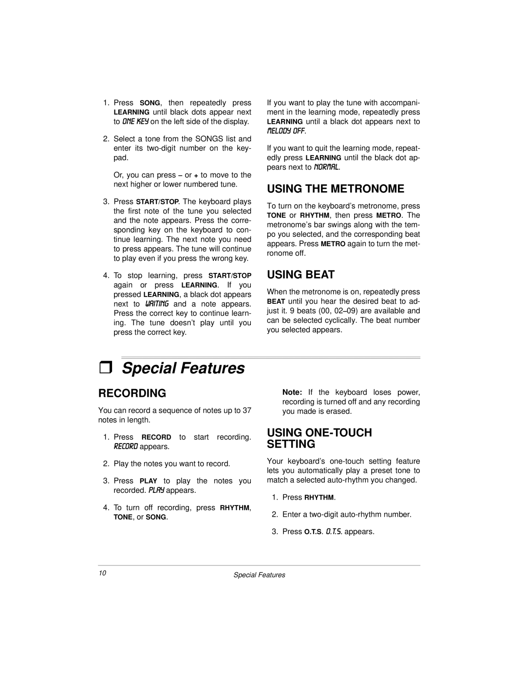 Radio Shack MD500 owner manual ˆ Special Features, Using the Metronome, Using Beat, Recording, Using ONE-TOUCH Setting 