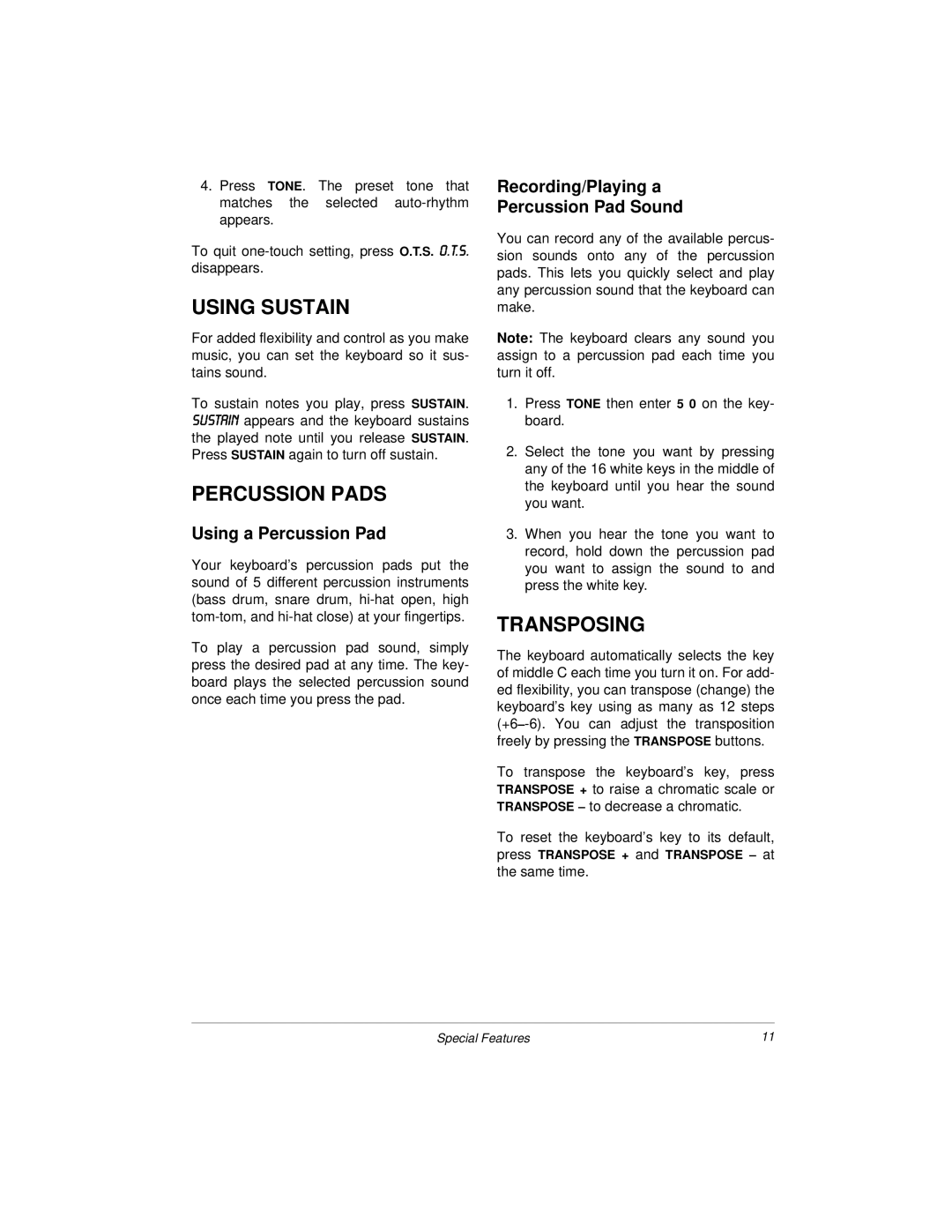 Radio Shack MD500 owner manual Using Sustain, Percussion Pads, Transposing, Using a Percussion Pad 