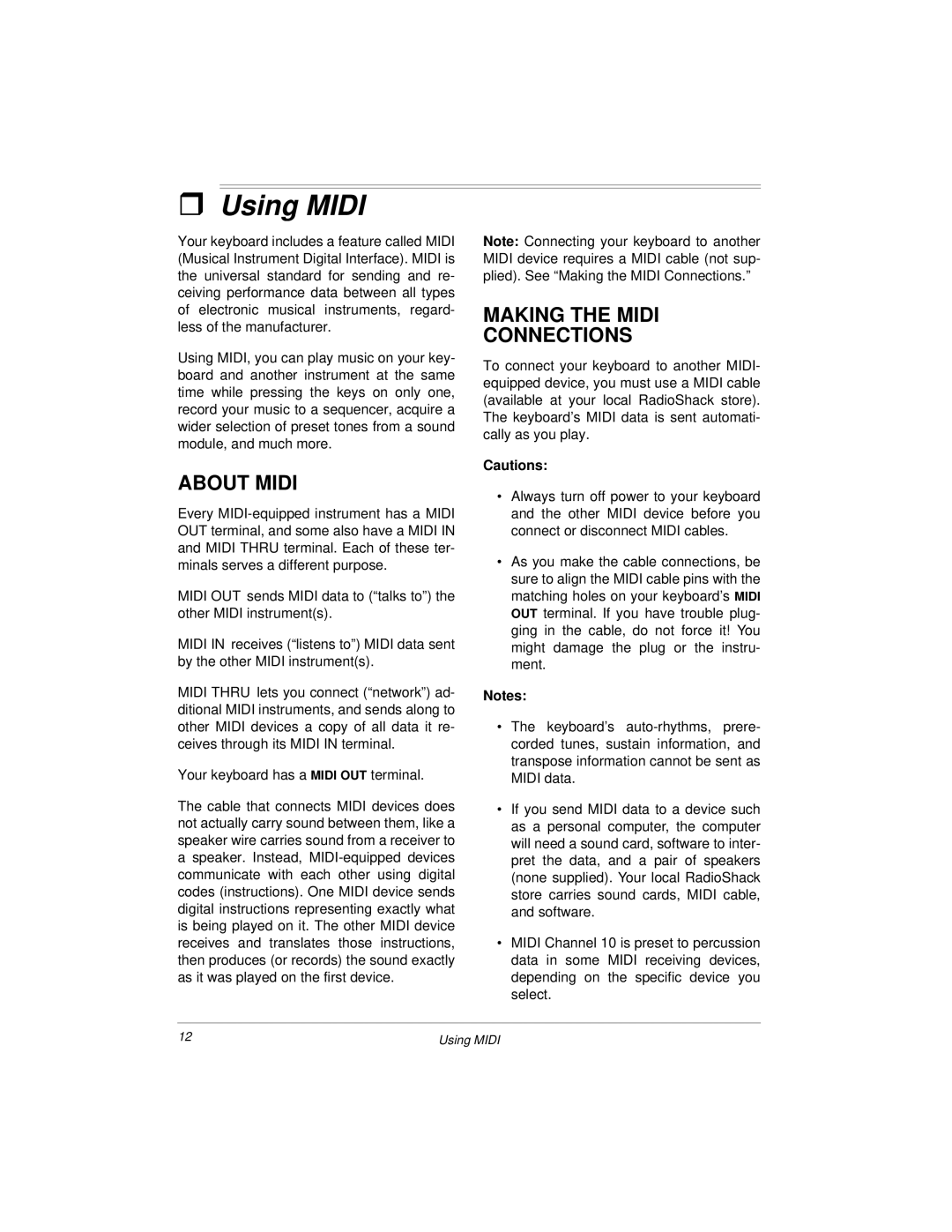 Radio Shack MD500 owner manual ˆ Using Midi, About Midi, Making the Midi Connections 