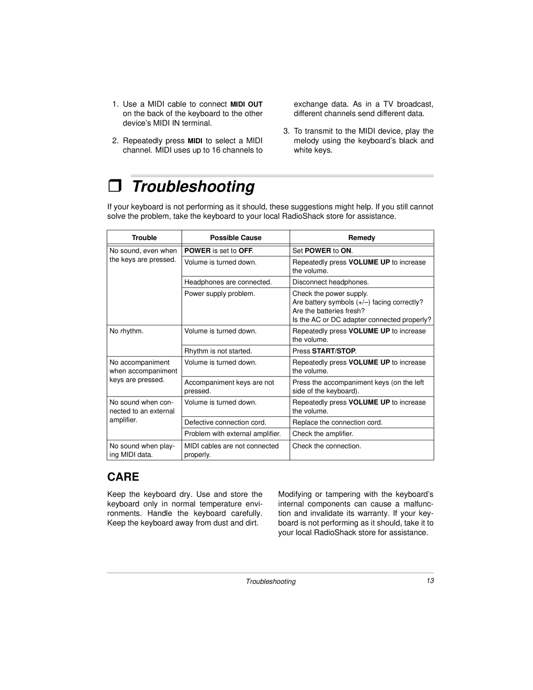 Radio Shack MD500 owner manual ˆ Troubleshooting, Care 