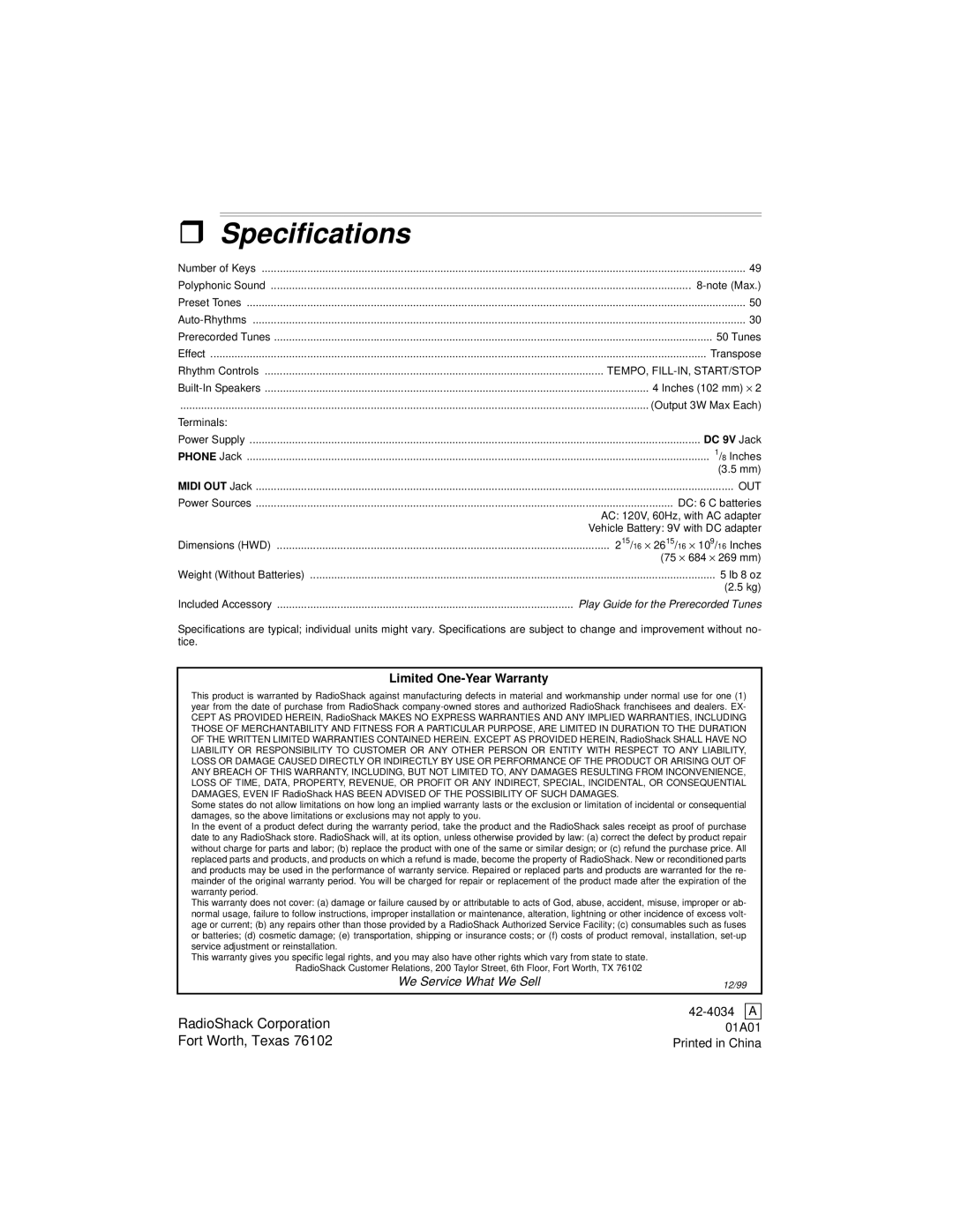 Radio Shack MD500 owner manual ˆ Specifications, DC 9V Jack 