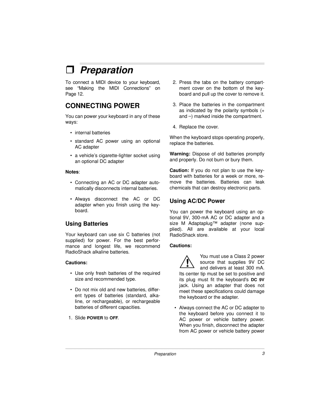 Radio Shack MD500 owner manual ˆ Preparation, Connecting Power, Using Batteries, Using AC/DC Power 