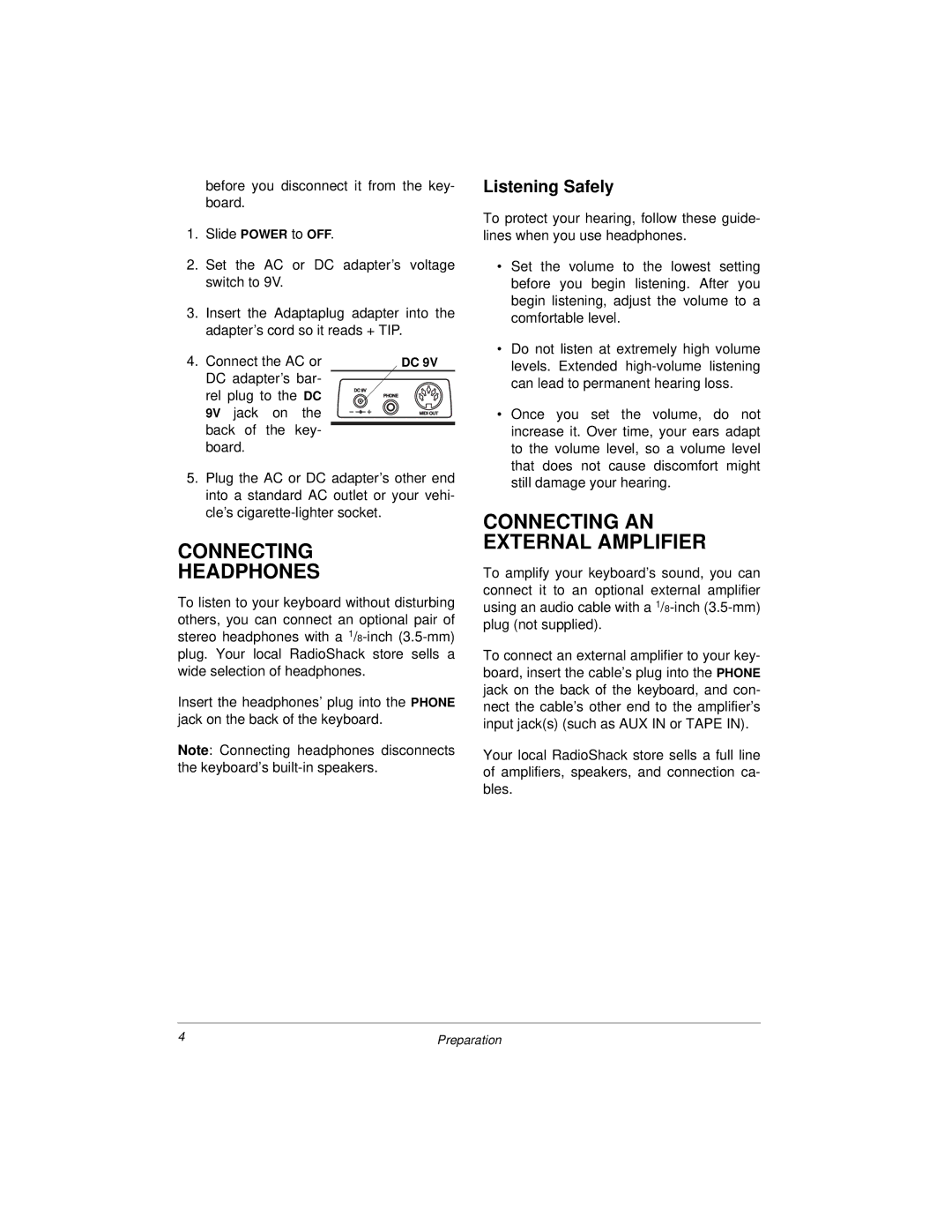 Radio Shack MD500 owner manual Connecting Headphones, Connecting AN External Amplifier, Listening Safely 