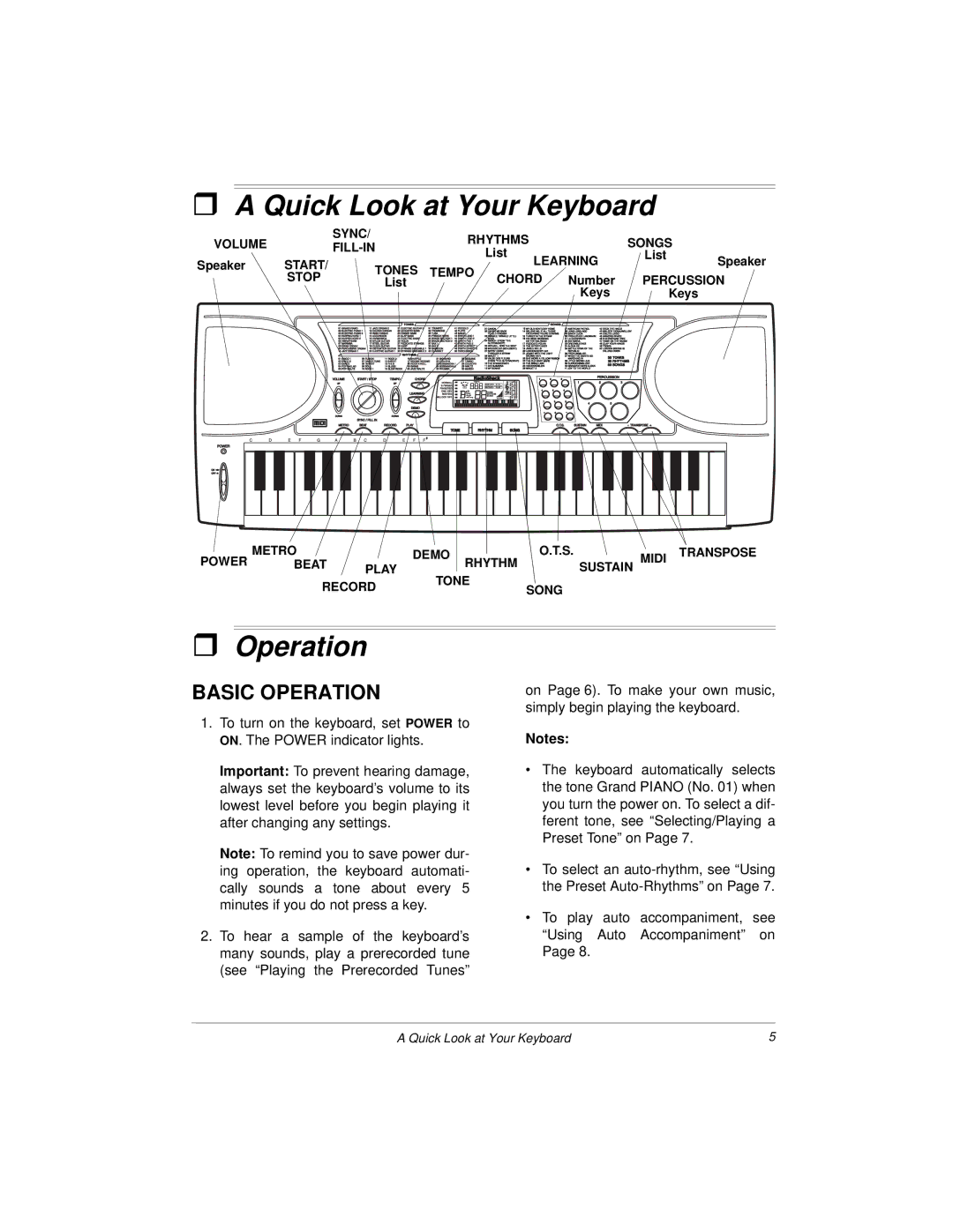 Radio Shack MD500 owner manual ˆ a Quick Look at Your Keyboard, ˆ Operation, Basic Operation 