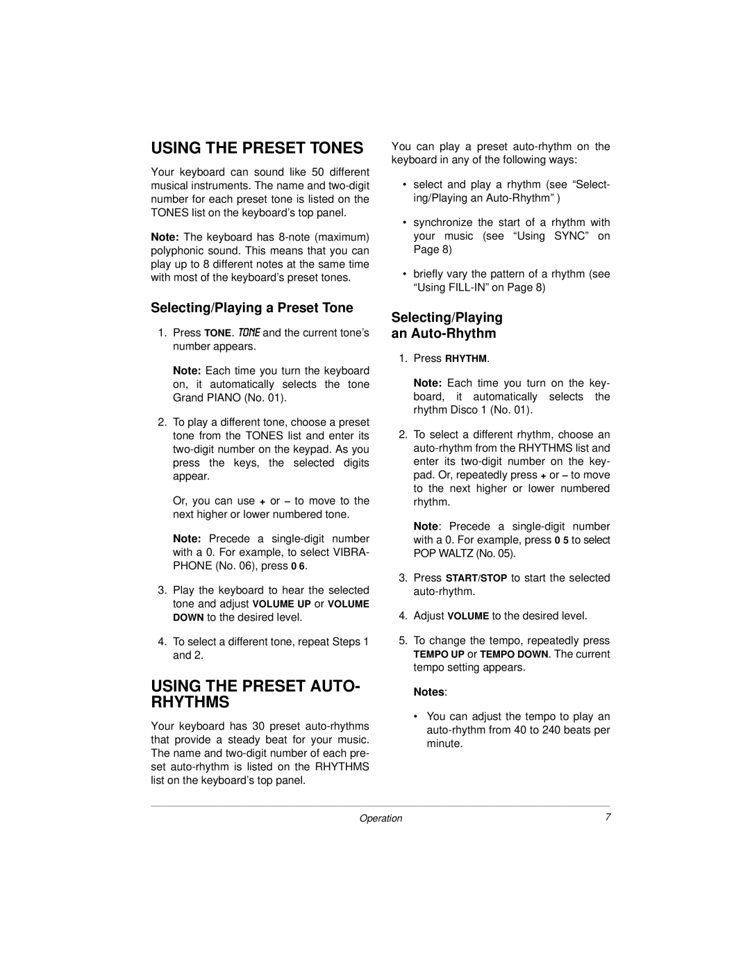 Radio Shack MD500 owner manual Using the Preset Tones, Using the Preset AUTO- Rhythms, Selecting/Playing a Preset Tone 