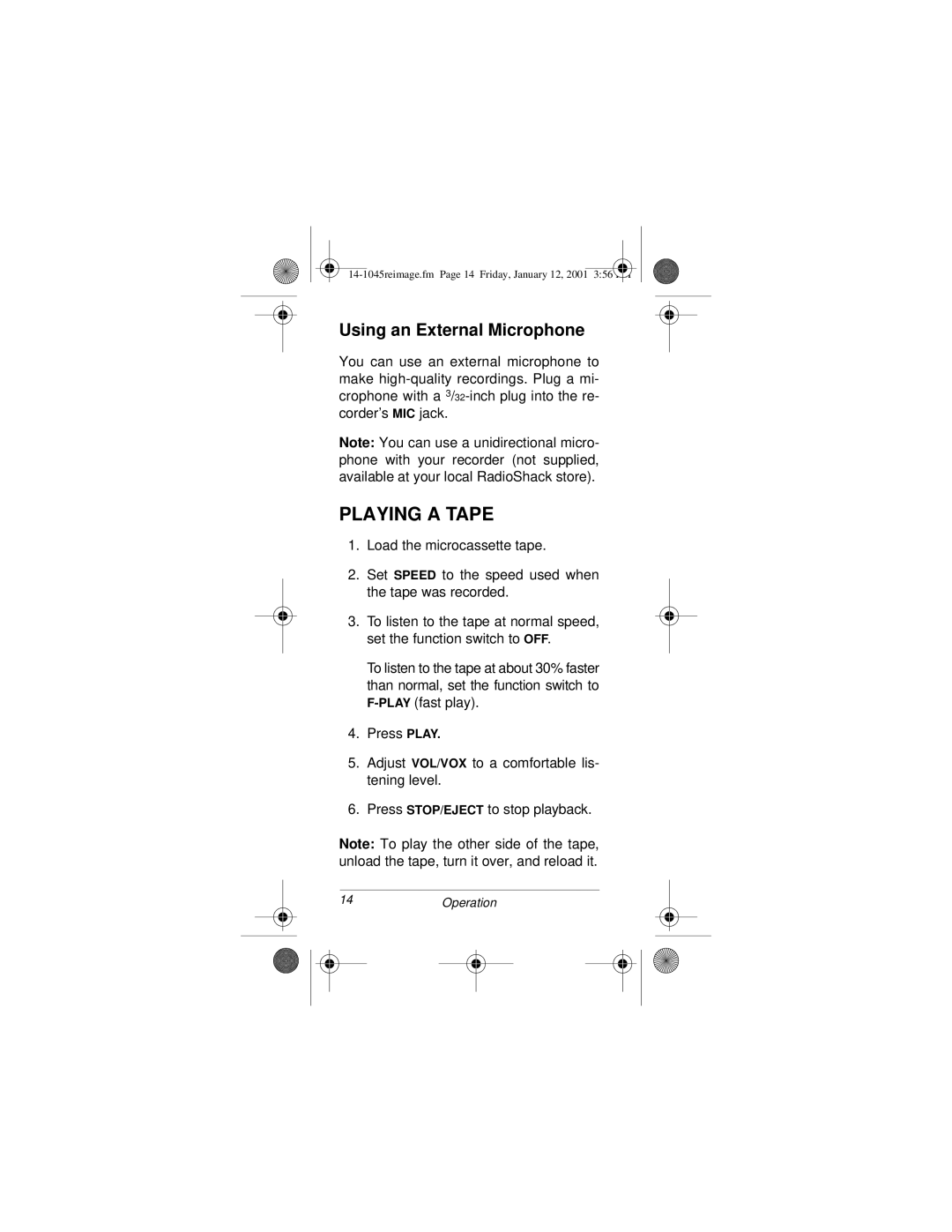 Radio Shack MICRO-33 owner manual Playing a Tape, Using an External Microphone 