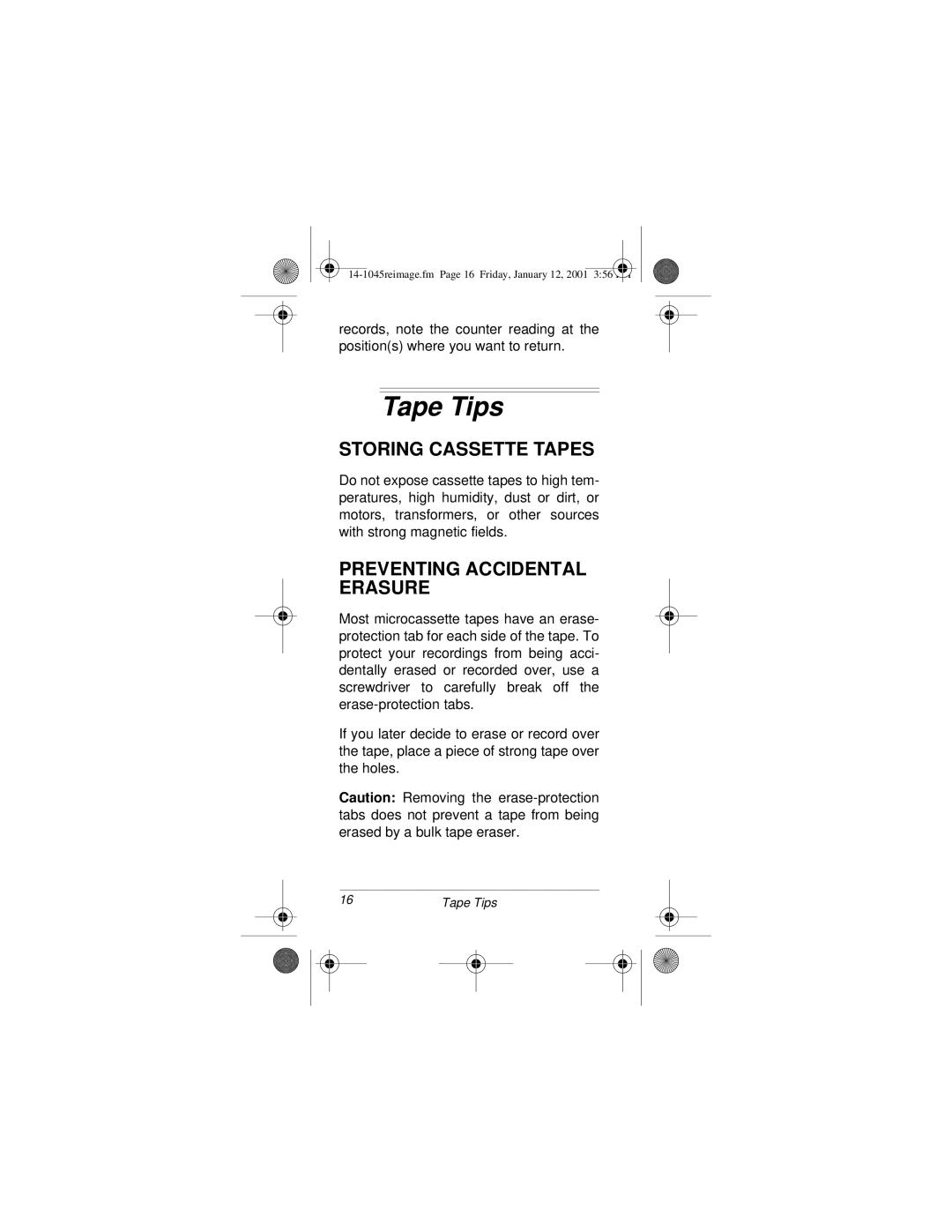 Radio Shack MICRO-33 owner manual Tape Tips, Storing Cassette Tapes, Preventing Accidental Erasure 