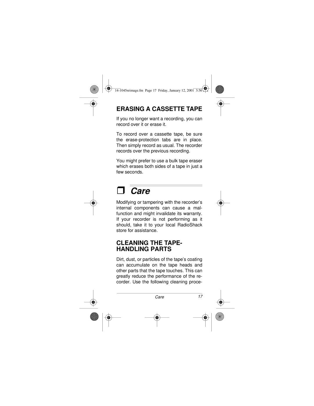 Radio Shack MICRO-33 owner manual Care, Erasing a Cassette Tape, Cleaning the TAPE- Handling Parts 