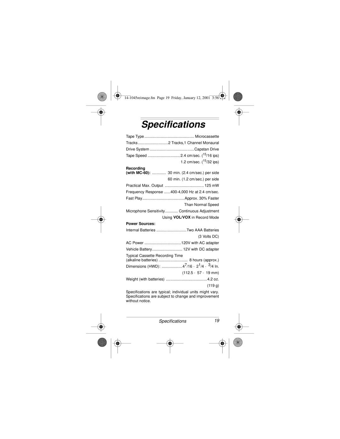 Radio Shack MICRO-33 owner manual Specifications, Recording With MC-60 